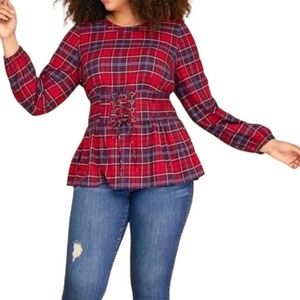Lane Bryant Red Plaid Peplum Blouse Long Sleeve Smocked Waist Lace Up Women's 20